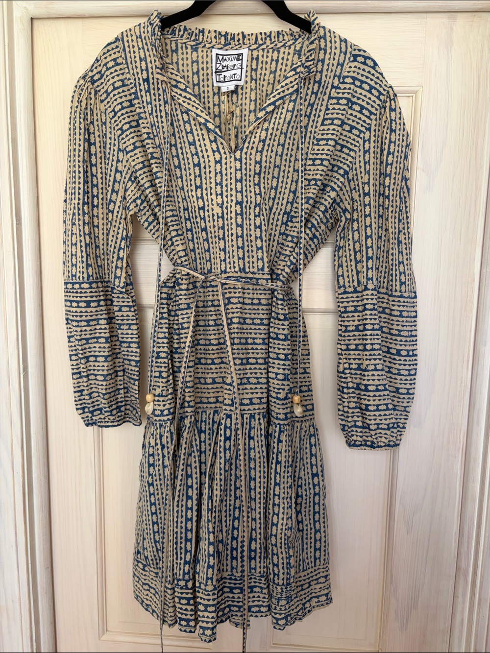 MAXIME ZEABERG Blue and Cream Printed Tiered Long-Sleeve Dress